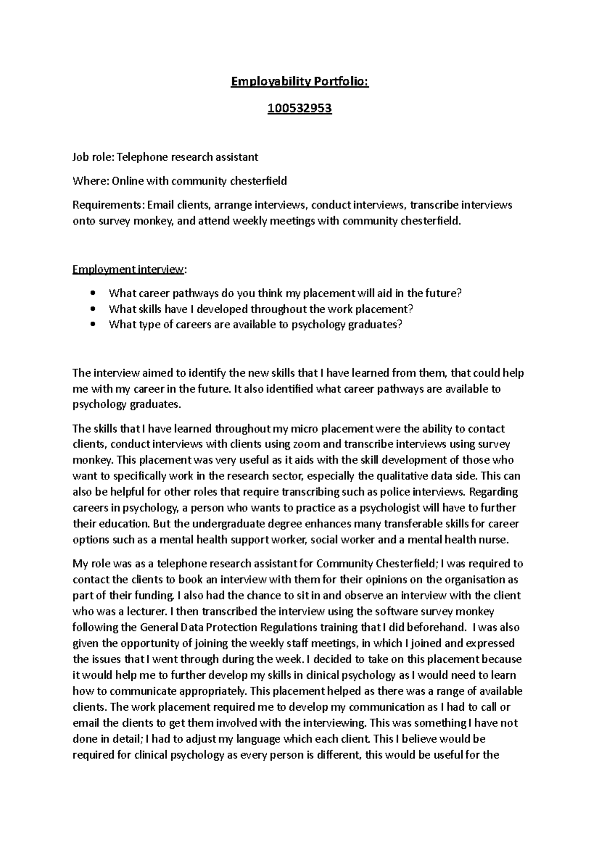 Employability Portfolio - Employability Portfolio: 100532953 Job role ...
