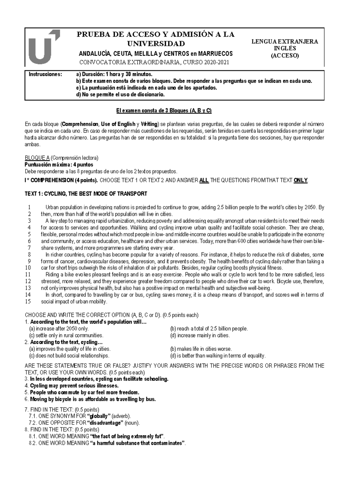 Extra Titular Inglés- Acceso- Julio- Impreso - PRUEBA DE ACCESO Y ...