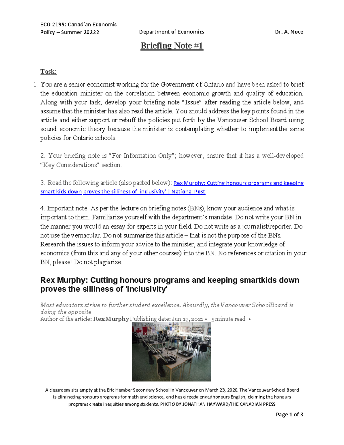 Briefing Note Article 1 Summer 2022 UOttawa ECO 2199 ECO 2199