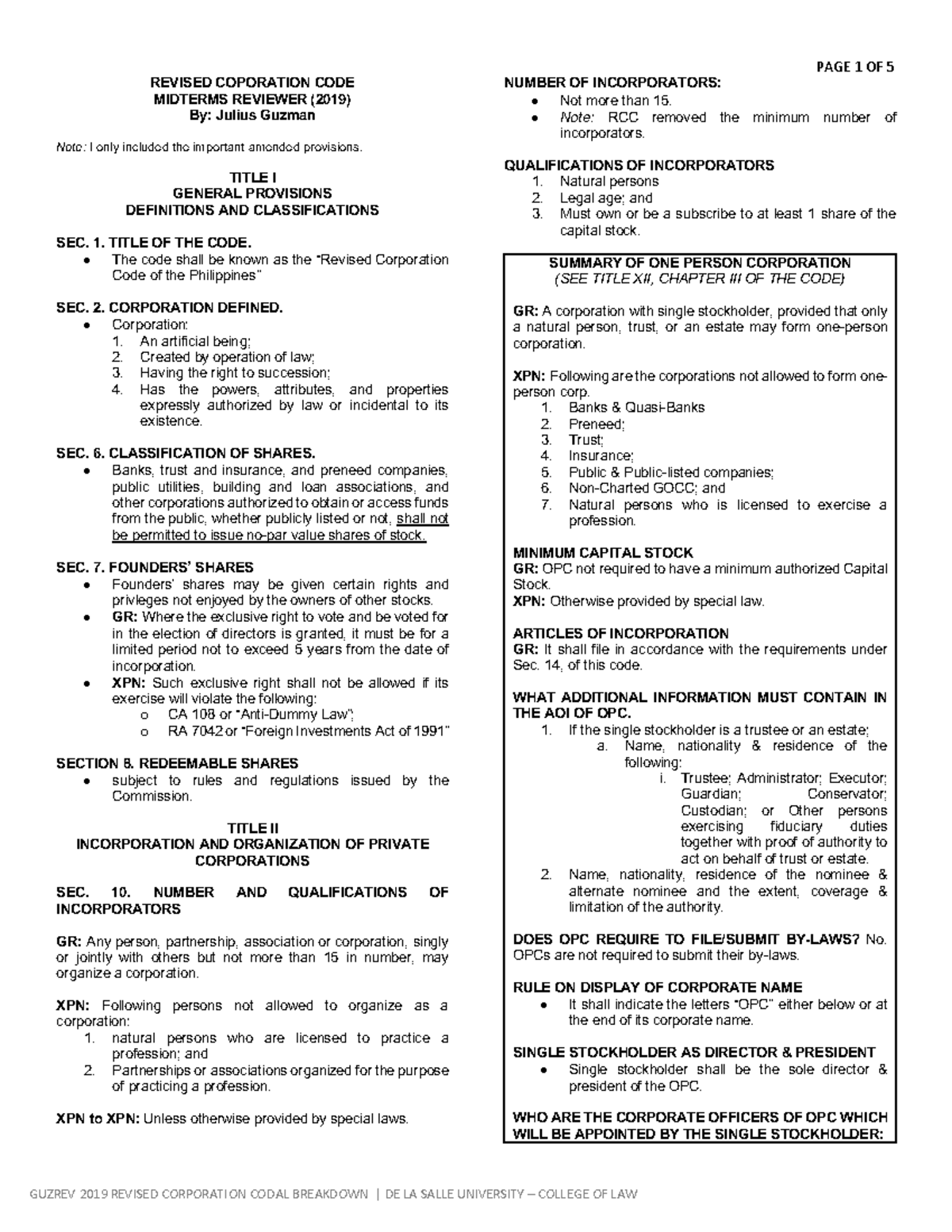 Revised Corporation Code Reviewer 2019 - Revised Coporation Code 