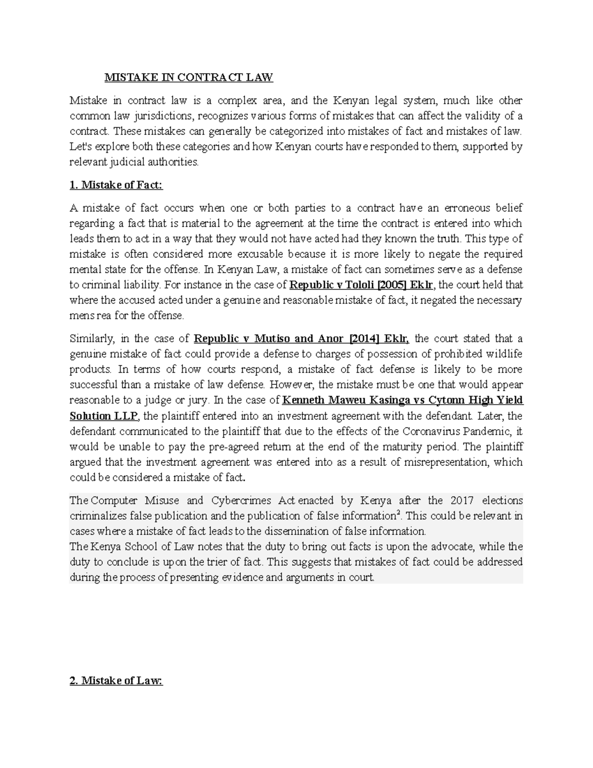 Group 1 Contract LAW CAT 2 TASK - MISTAKE IN CONTRACT LAW Mistake in ...