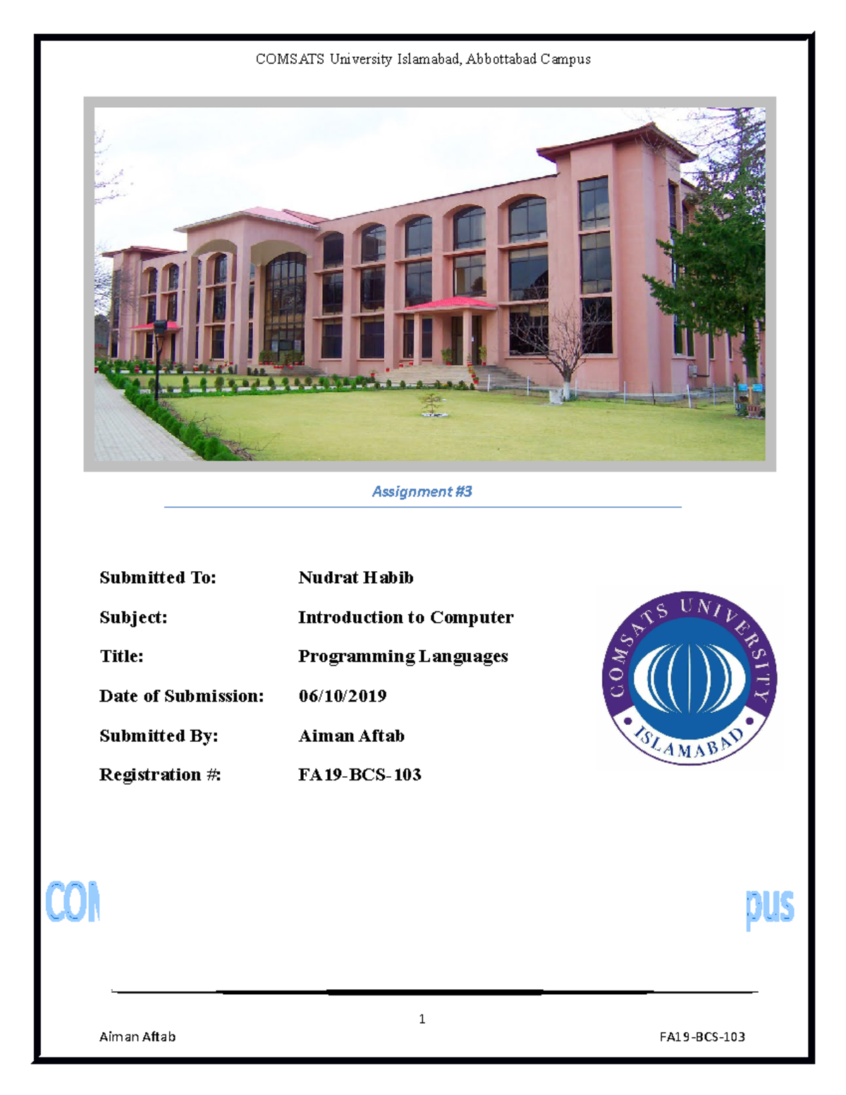 Aiman ICT 3 - Programming - Assignment # Submitted To: Nudrat Habib ...