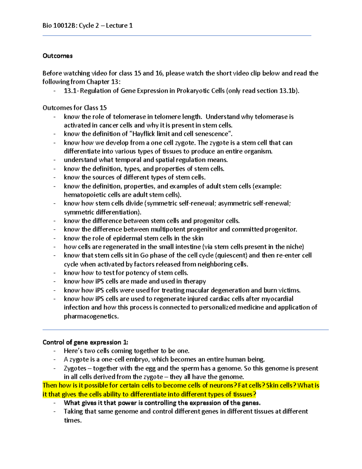 Bio 1002B - Cycle 8 (L1) - Outcomes Before watching video for class 15 ...