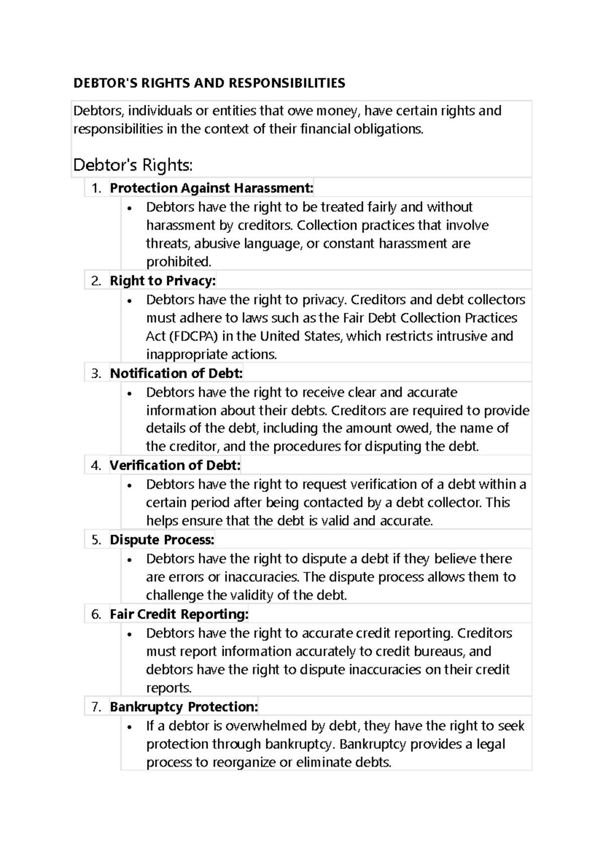 Debtor, Creditor, Automatic Discharge - DEBTOR'S RIGHTS AND ...