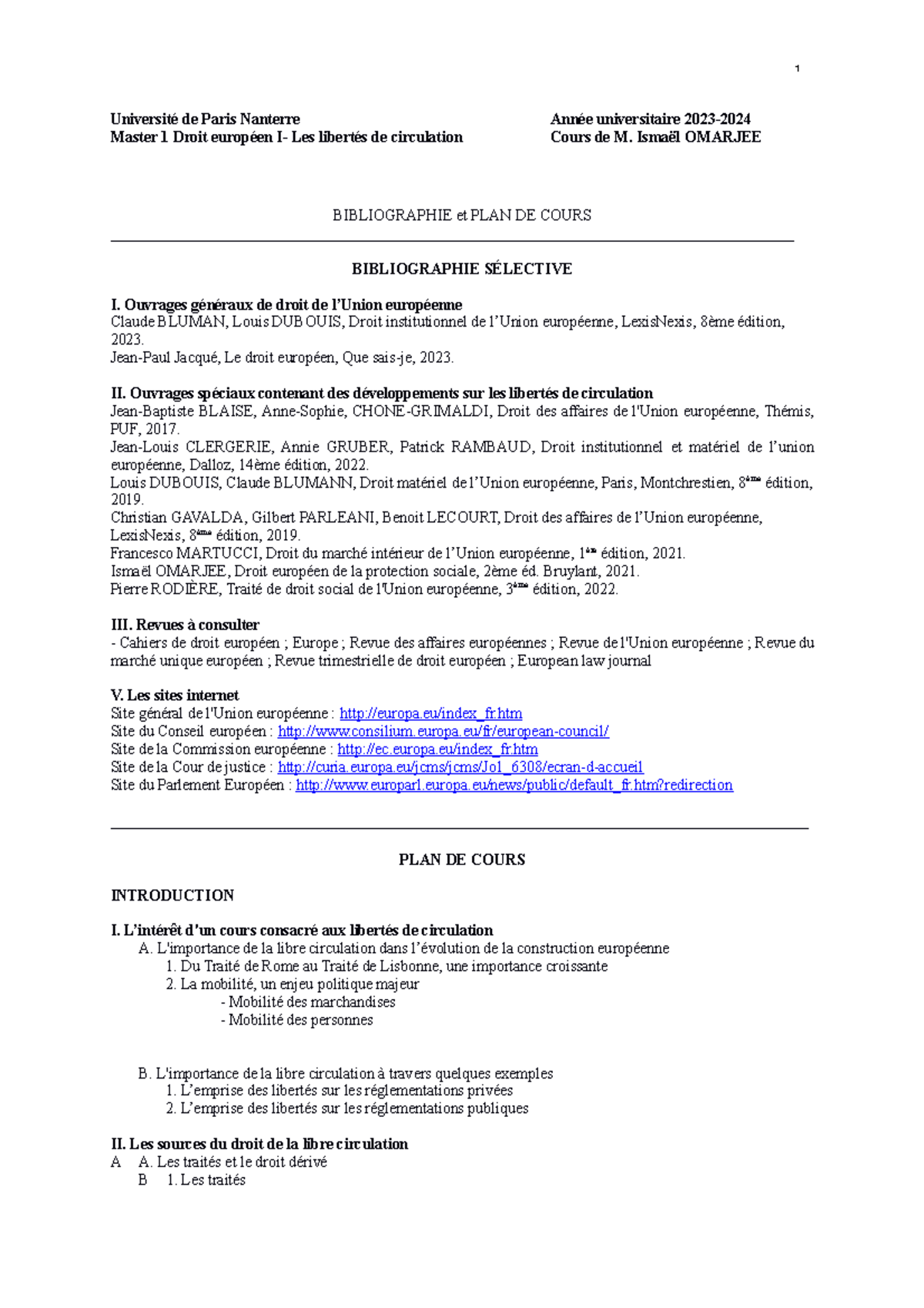 PLAN 2023-2024 - Plan du cours de droit de l'Union européenne, les ...