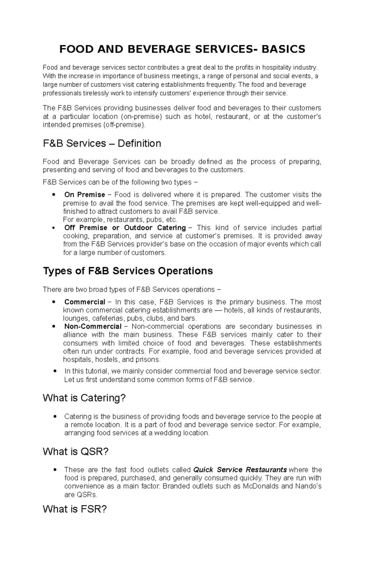 FBS Food and Beverage Services FOOD AND BEVERAGE SERVICES BASICS Food and beverage services