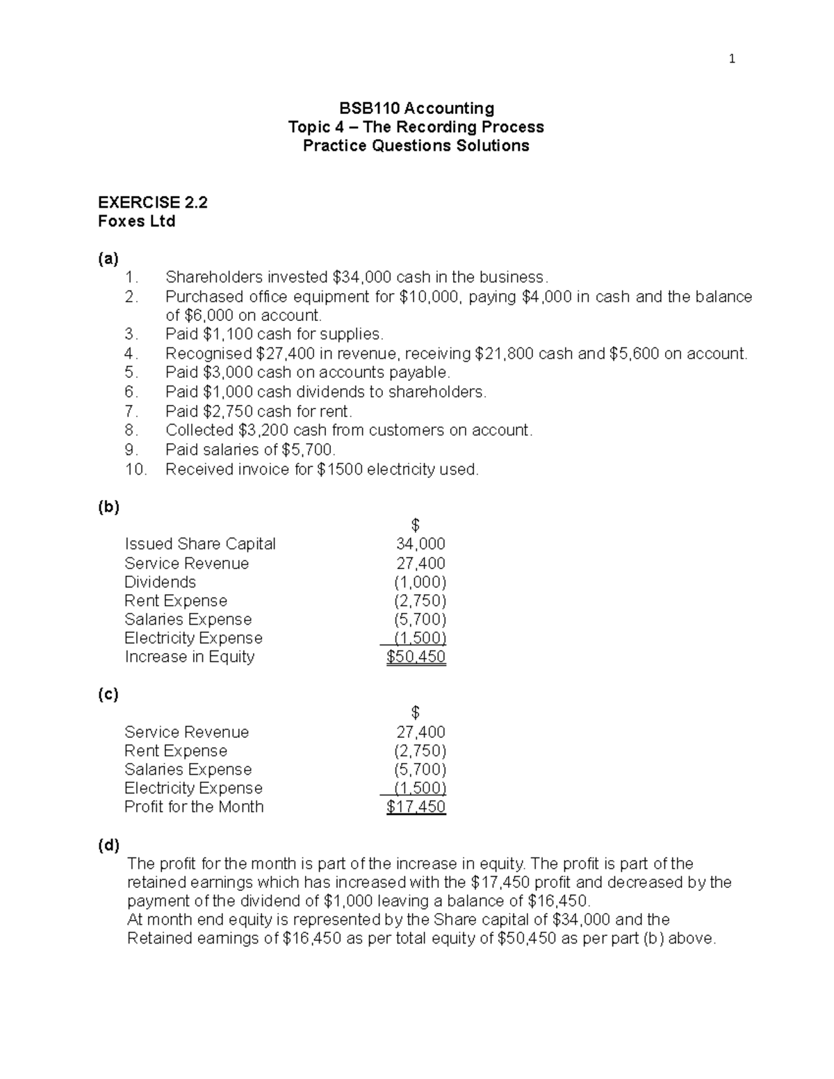 Topic 4 - Practice Questions Solutions - BSB110 Accounting Topic 4 ...