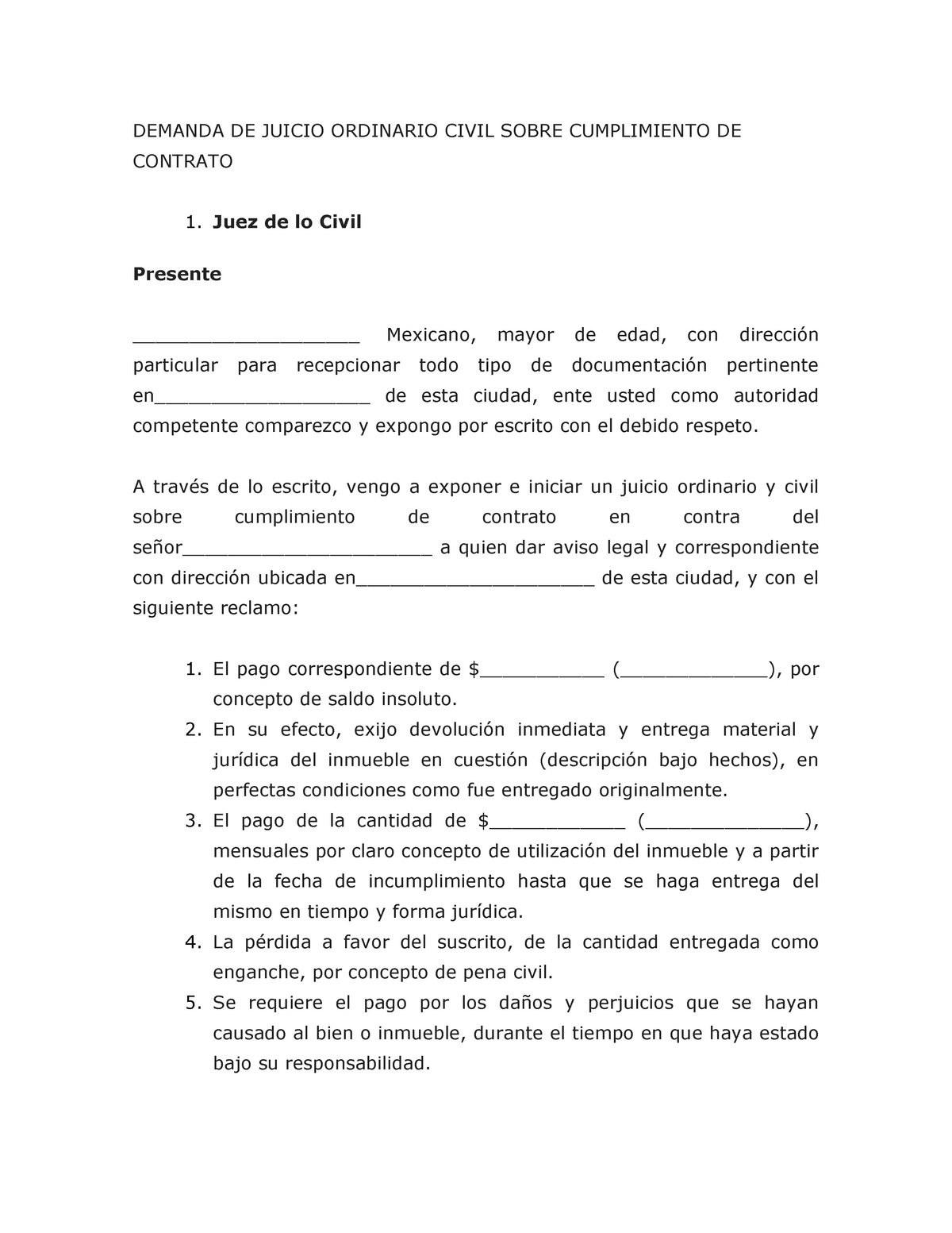 Formato Demanda DE Juicio Ordinario Civil Sobre Cumplimiento DE Contrato -  DEMANDA DE JUICIO - Studocu