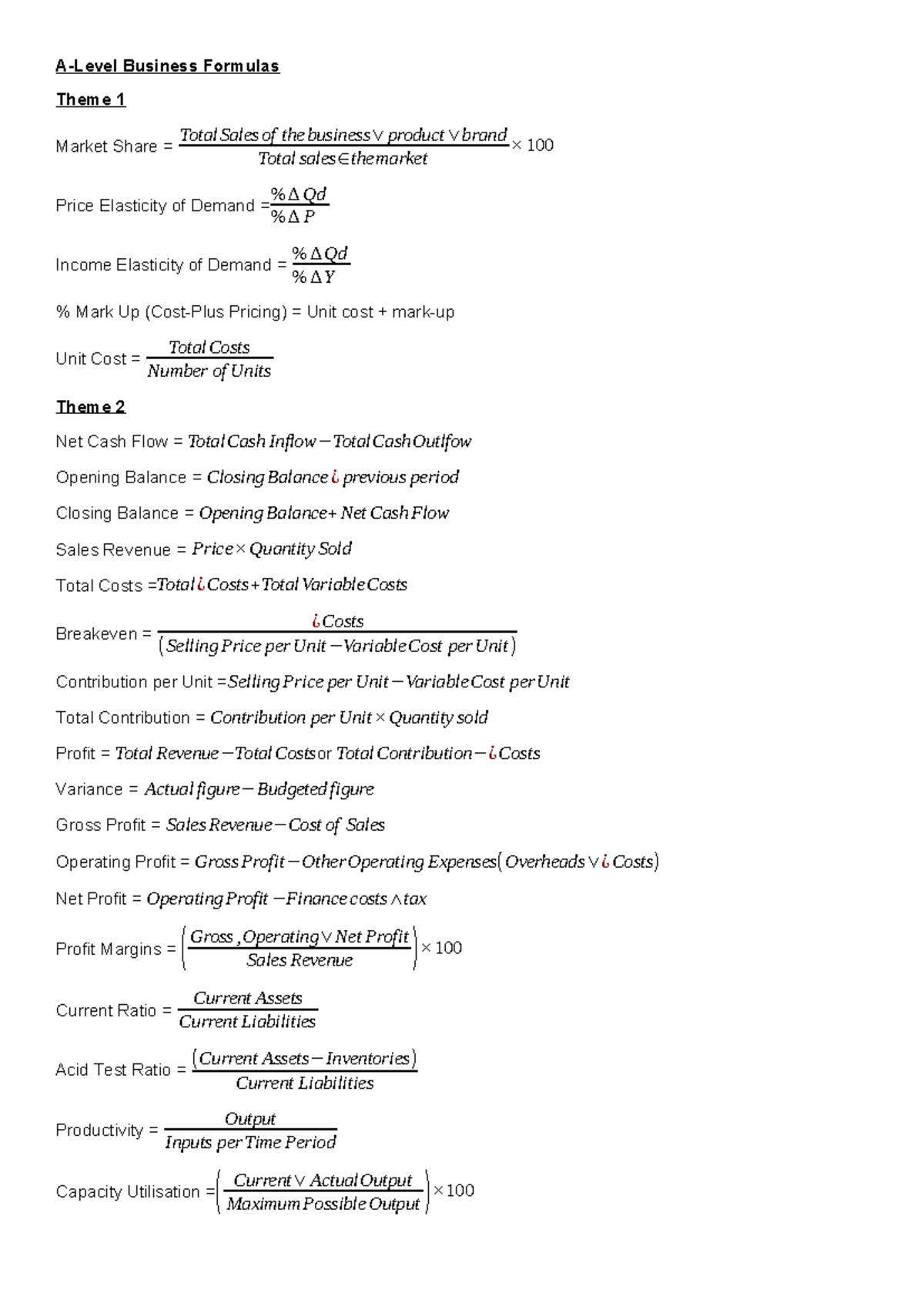 Formula-List 2 - edexcel business a-level calculations cheat sheet - A ...