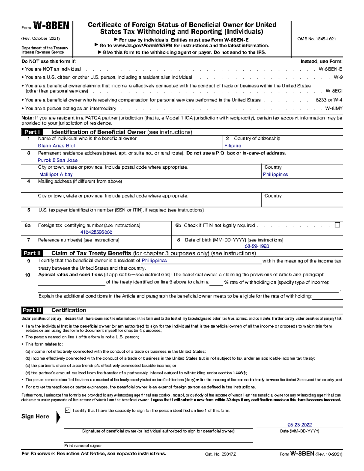 Tax Form-1 - Form W-8BEN (Rev. October 2021) Department of the Treasury ...