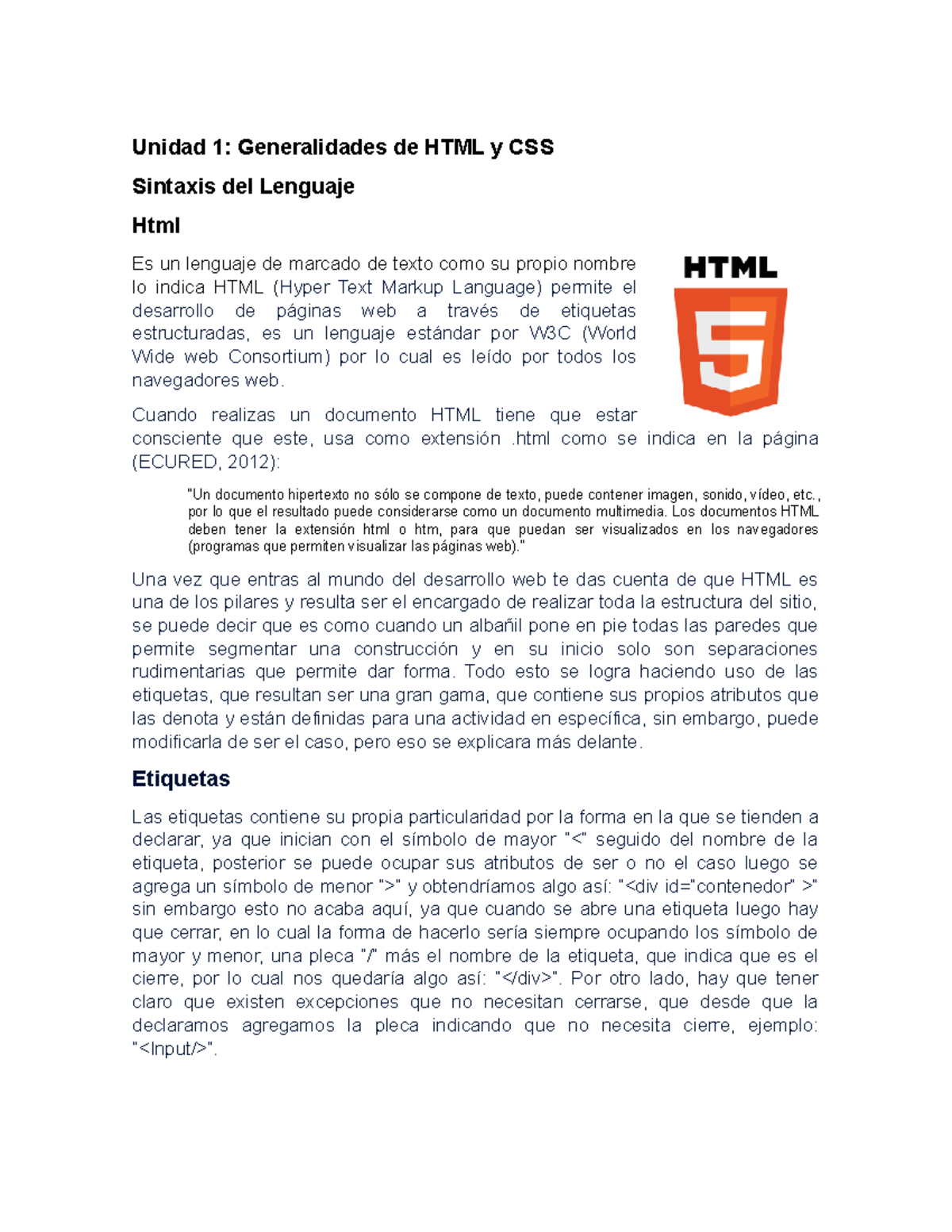 Generalidades de HTML y CSS Unidad 1 Generalidades de HTML y CSS