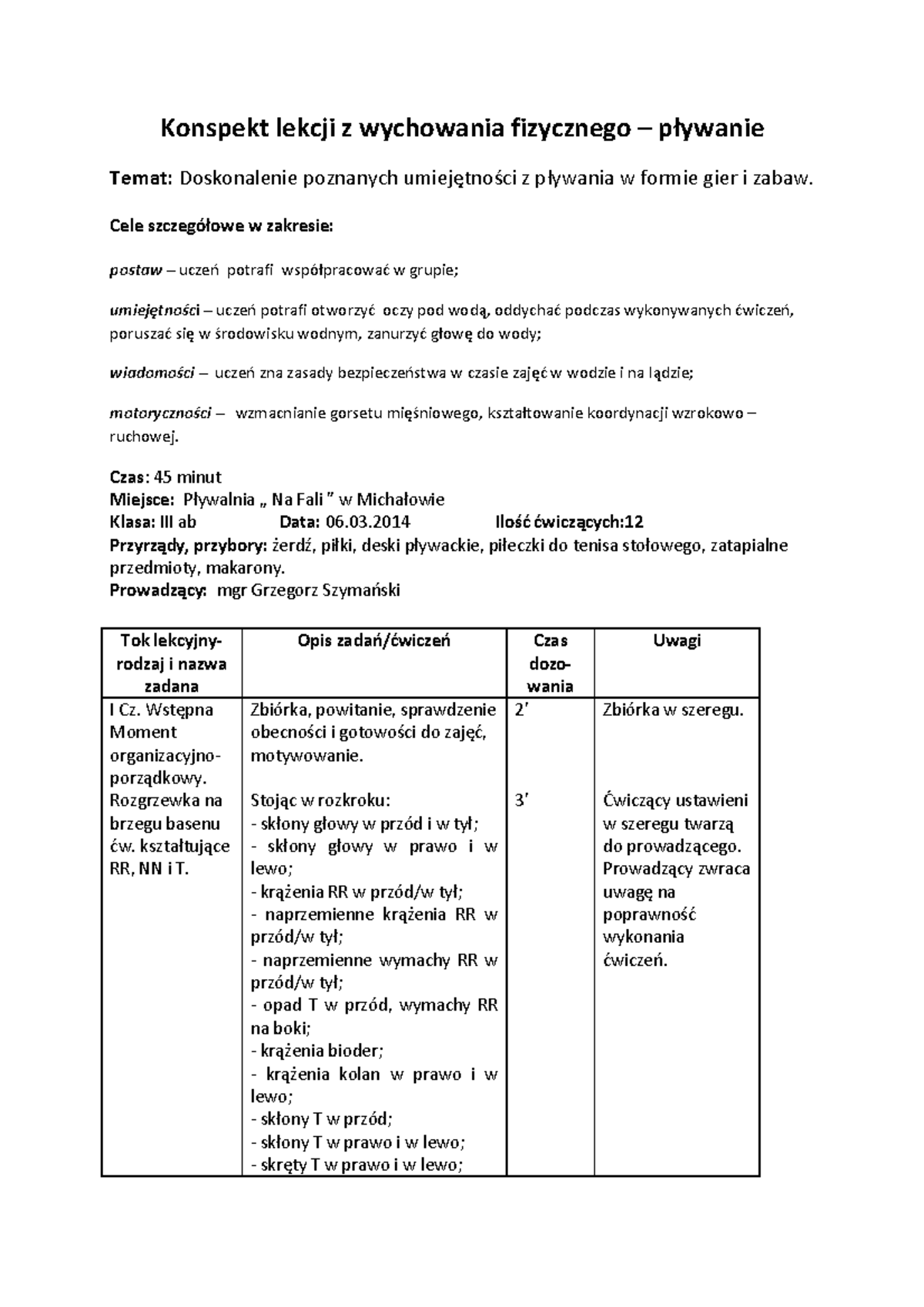 Konspekt plywanie - NIC - Konspekt lekcji z wychowania fizycznego ...