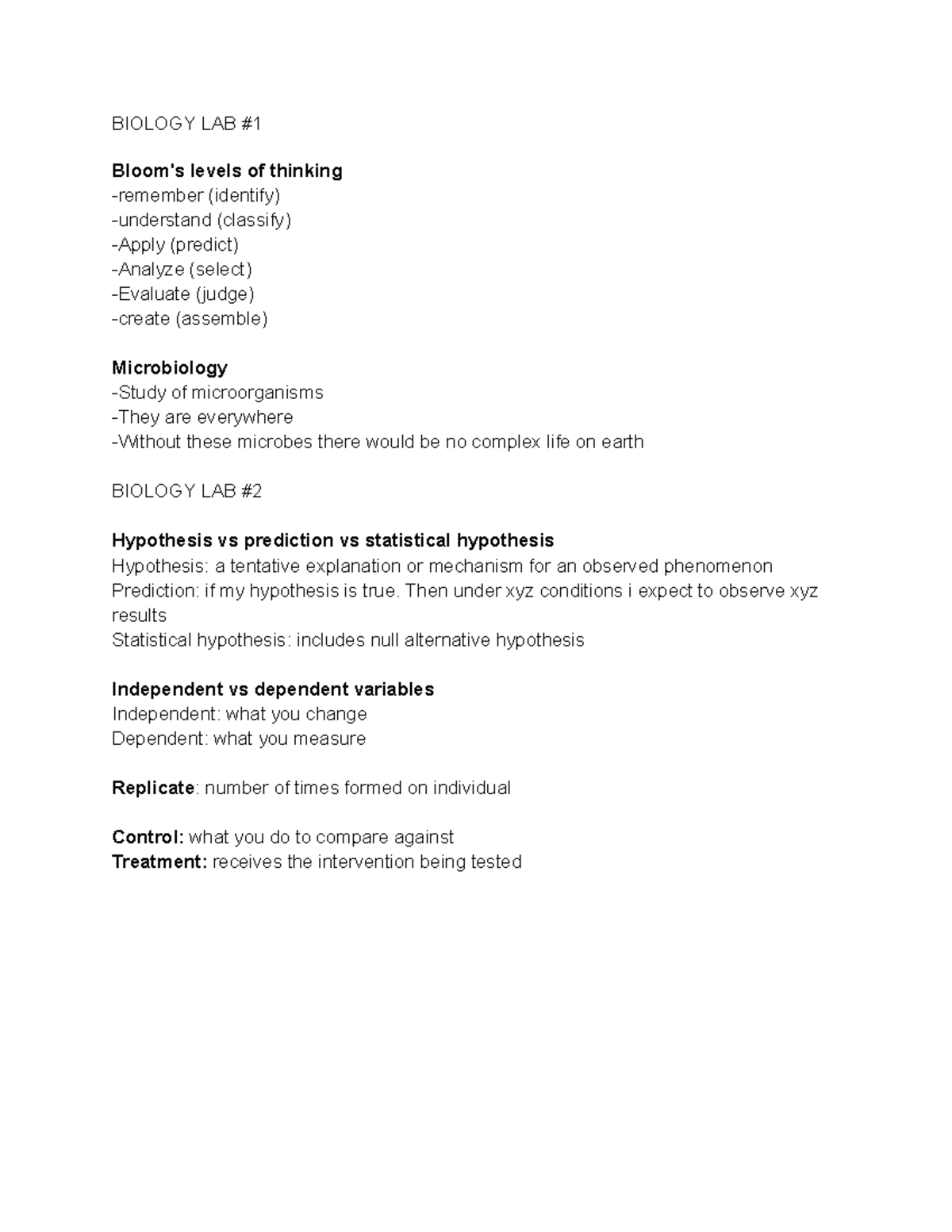 Biology- Lab Notes - BIOLOGY LAB Bloom's levels of thinking -remember ...