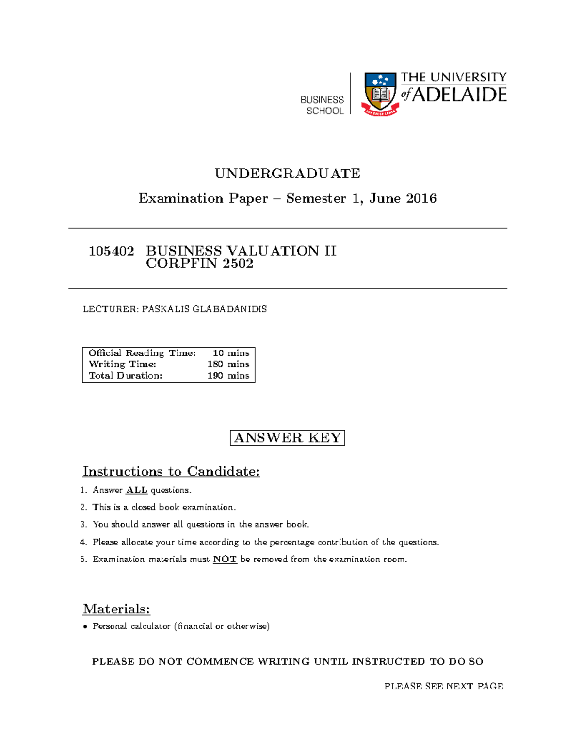Semester 1 Exam 2016, questions and answer keys - UNDERGRADUATE ...