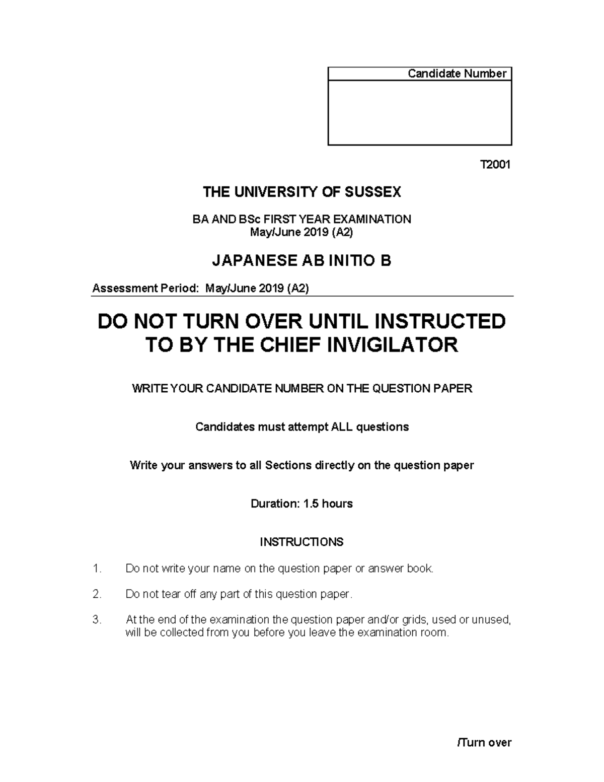 June 2019 T2001 - Past Paper - /Turn Over Candidate Number T THE ...