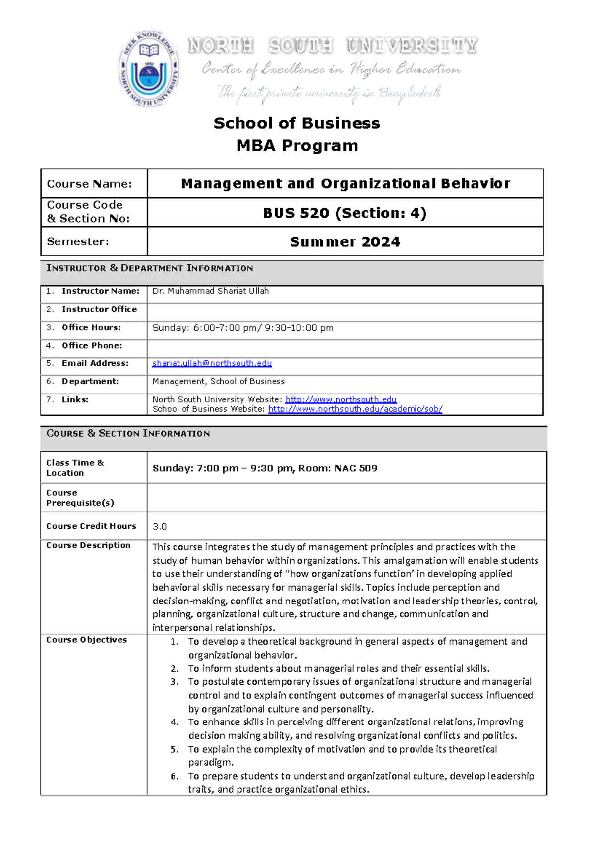 Course outline - objective - School of Business MBA Program Course Name ...