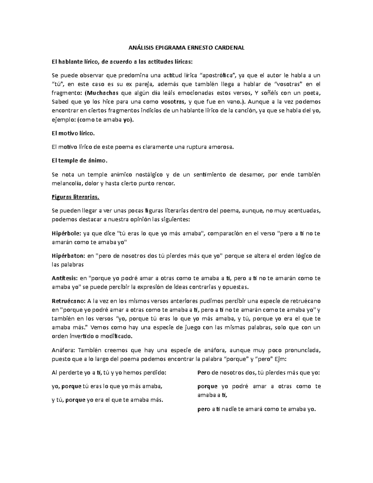 Analisis Epigrama Ernesto Cardenal Analisis Epigrama Ernesto Cardenal El Hablante Lirico De Studocu