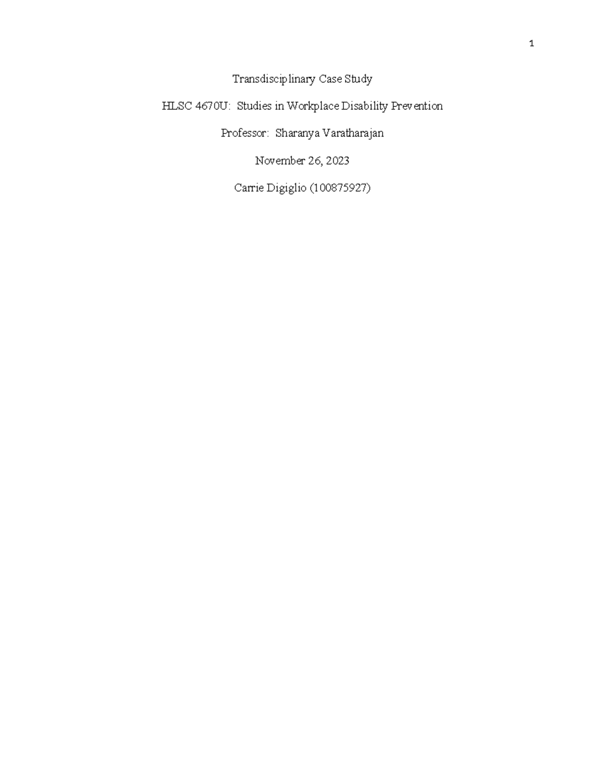 Casestudy - final paper - Transdisciplinary Case Study HLSC 4670U ...