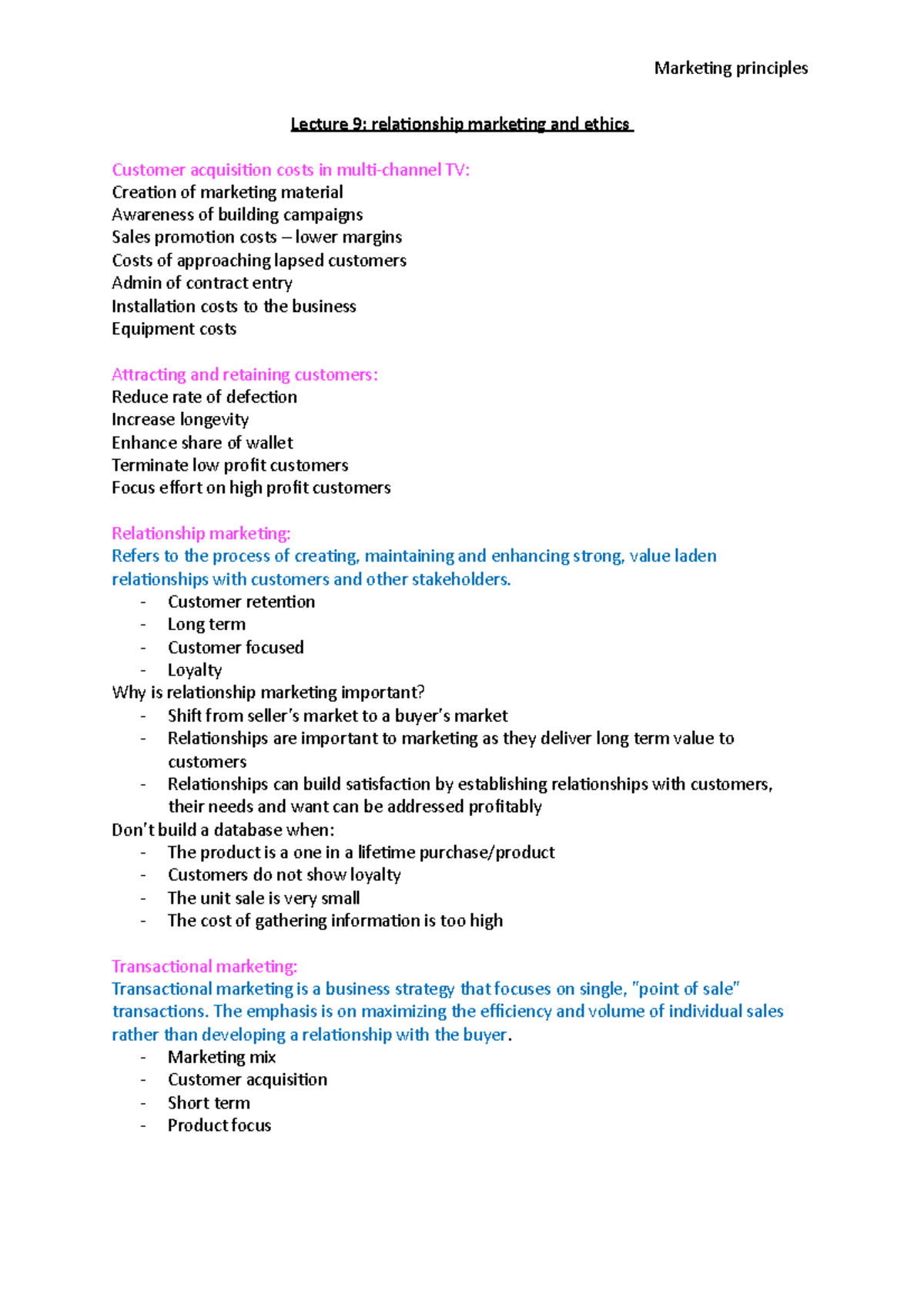 Lecture 9 - Marketing - Week 9 revision notes - Marketing principles ...