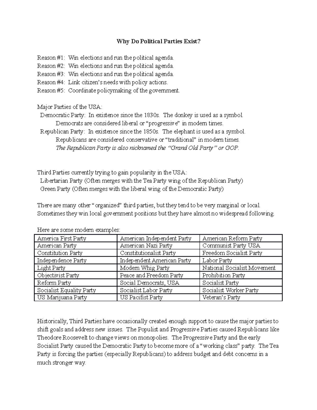 File 43 Political Parties Why Do Political Parties Exist? Reason 1