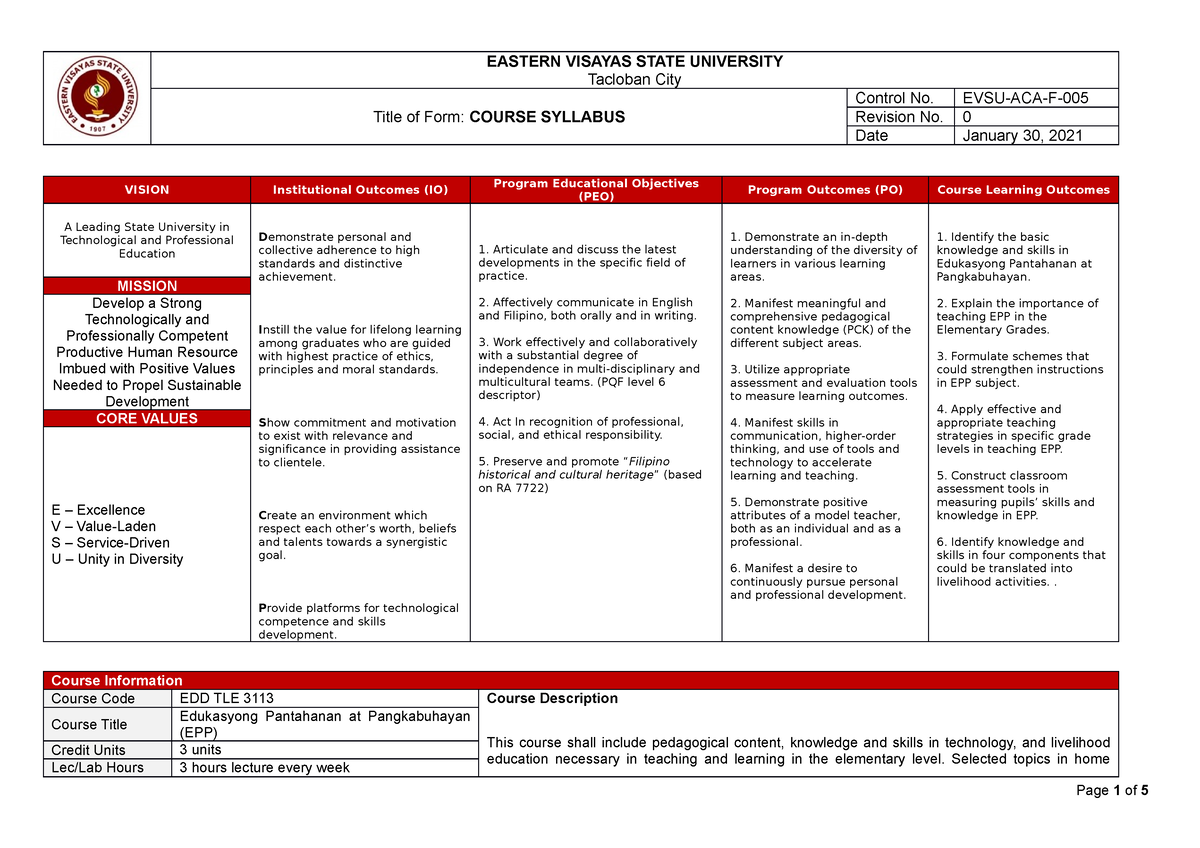 EPP Syllabus - EASTERN VISAYAS STATE UNIVERSITY Tacloban City Title of ...