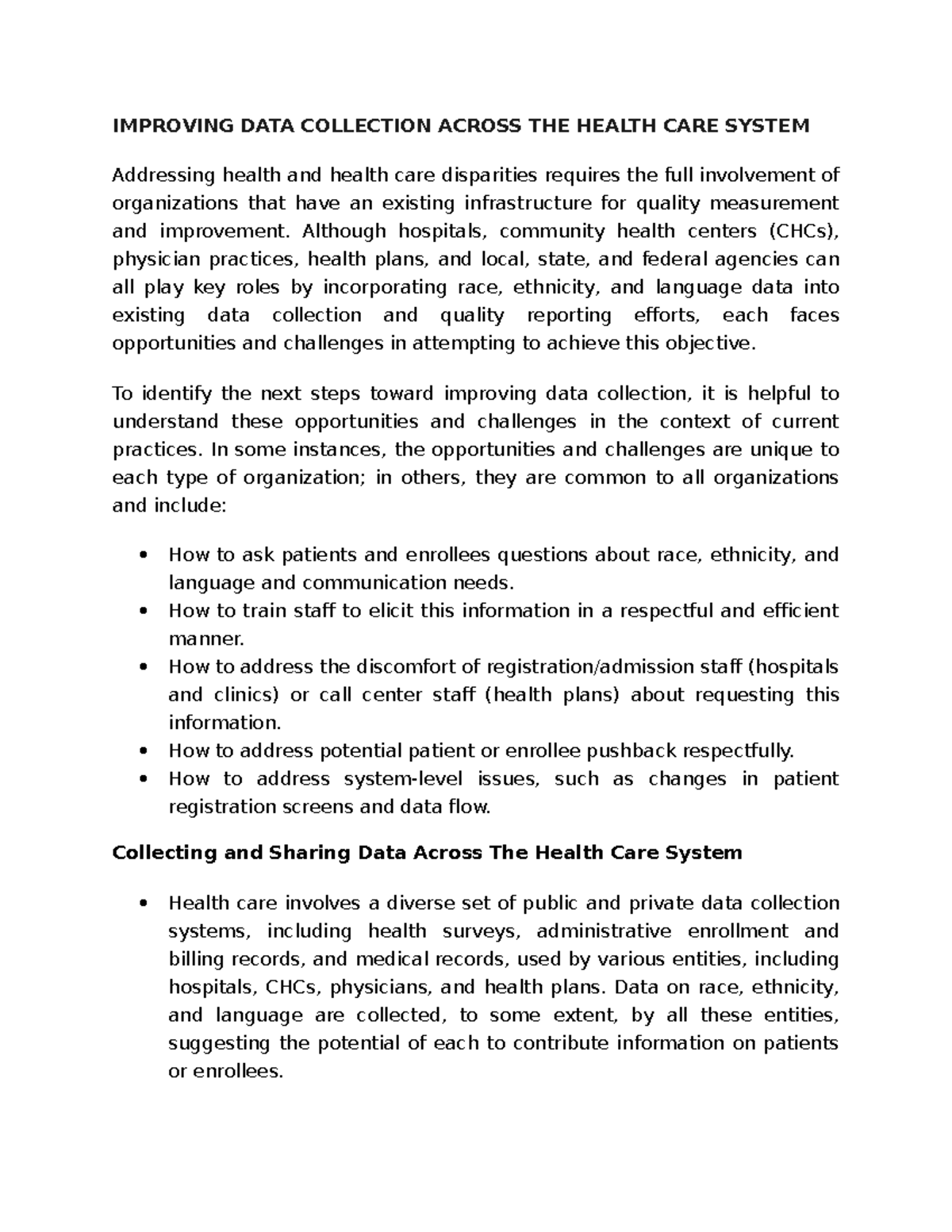 Improving DATA Collection Across THE Health CARE System - IMPROVING ...