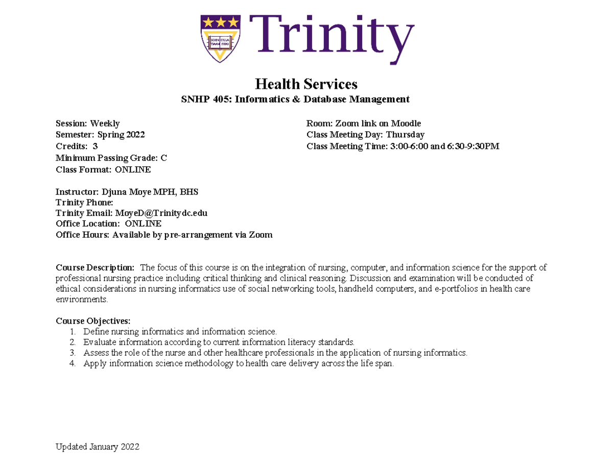 SNHP 405- Spring 2022 (2) - Health Services SNHP 405: Informatics ...
