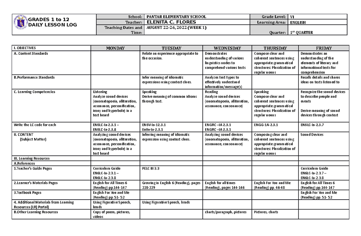 DLL English 6 Q1 W1 - GRADES 1 to 12 DAILY LESSON LOG School: PANTAR ...