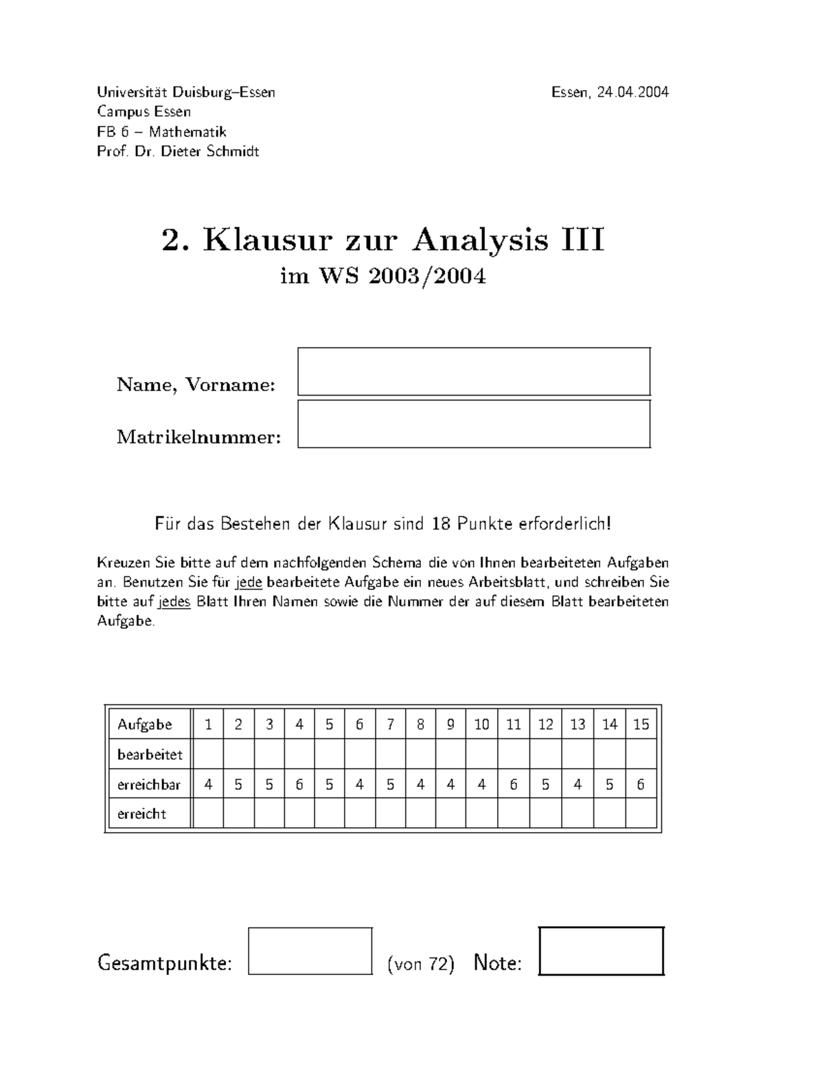 Ana 3 Nachklausur Ws03 - Klausur - Universit ̈ At Duisburg–Essen Essen ...