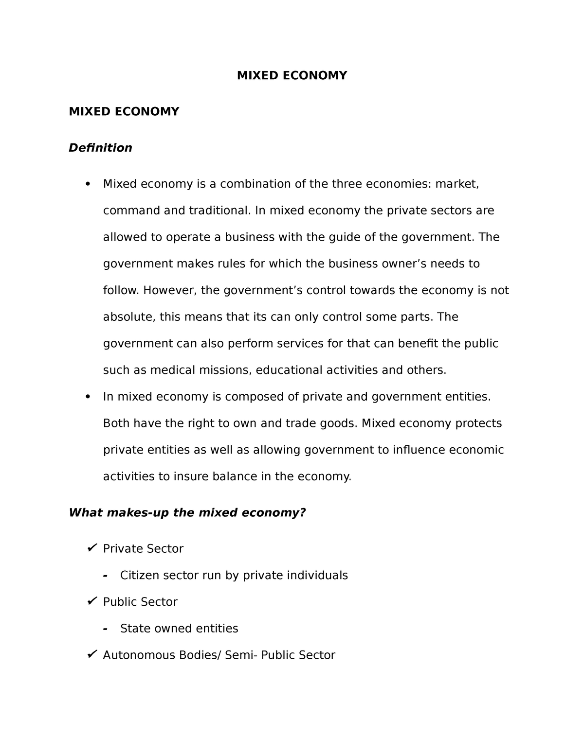mixed economic system essay