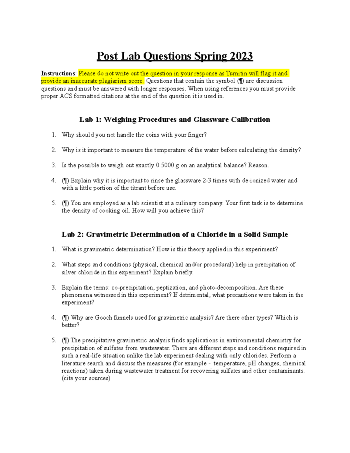 Post Lab Questions Questions that contain the symbol (¶) are