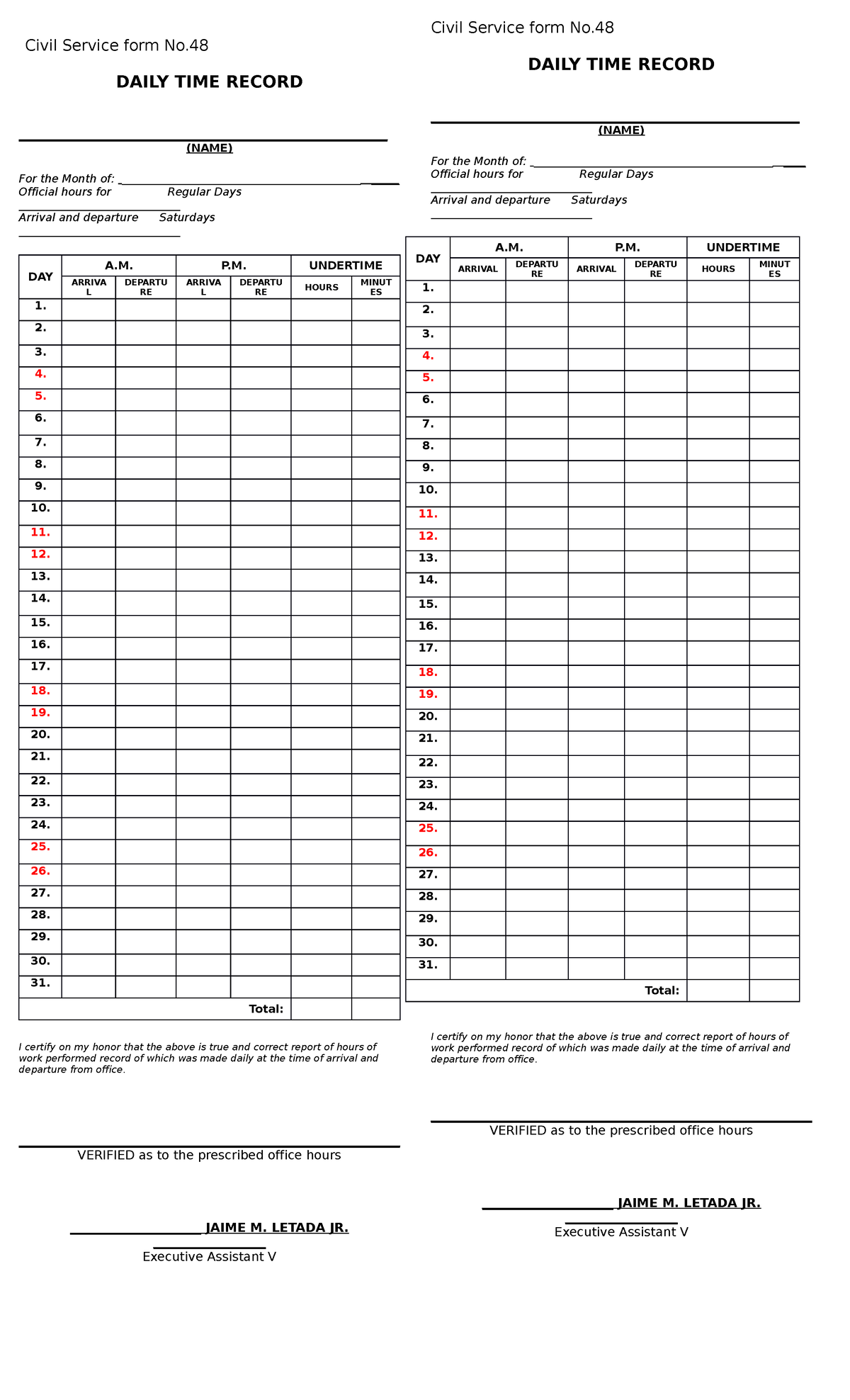 CSC Form 48 Daily Time Record DTR November Civil Service Form No