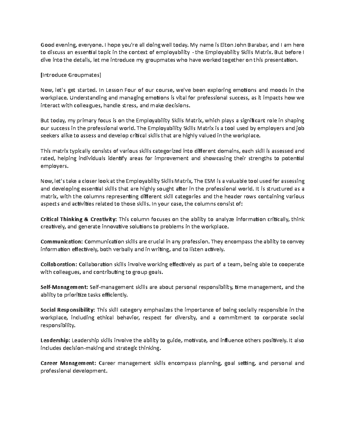 Script FOR ESM - Good evening, everyone. I hope you're all doing well ...