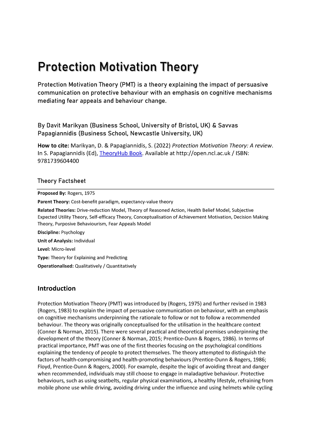 protection motivation theory essay