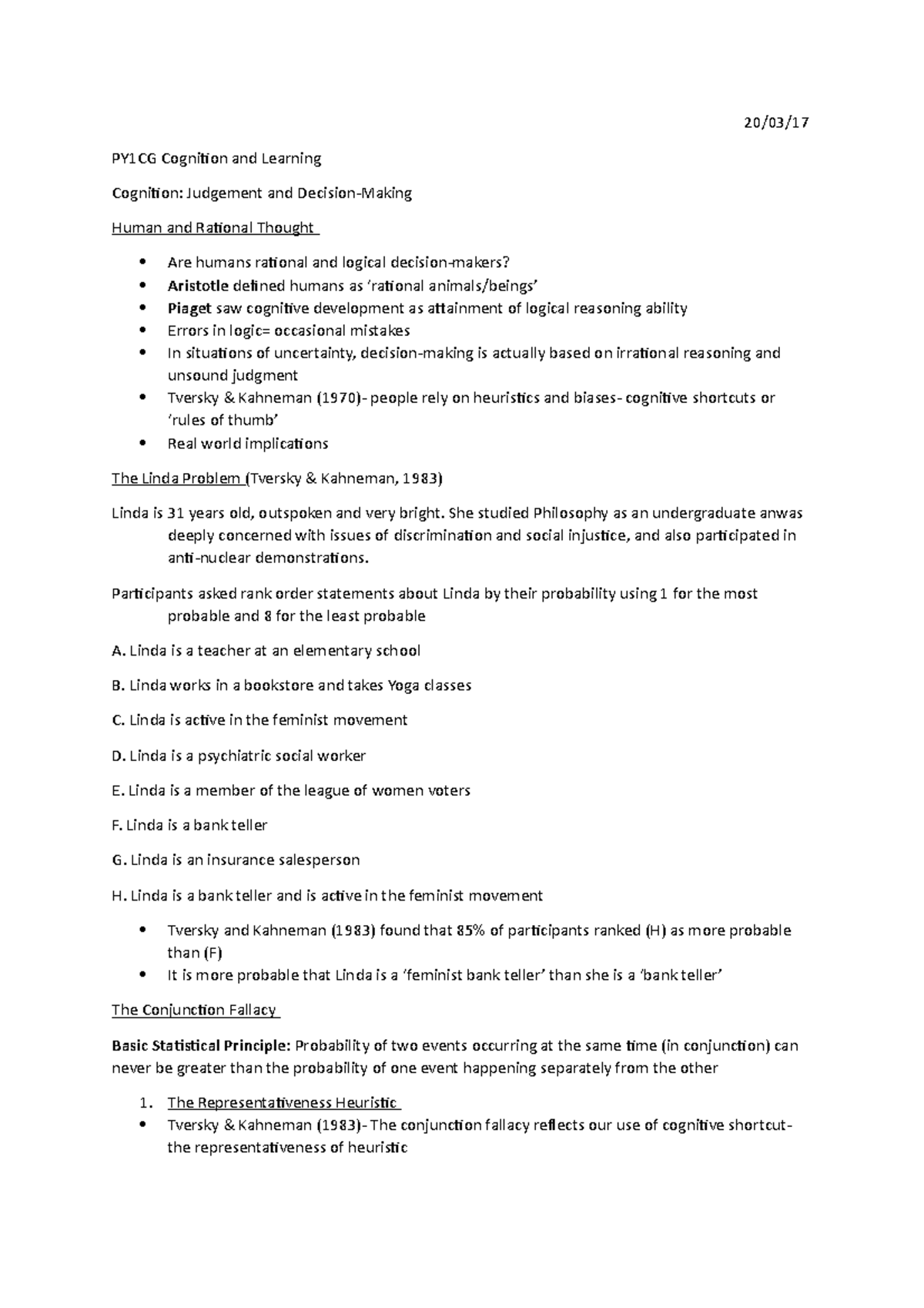 Lecture 10 Judgement And Decision Making 20 03 17 PY1CG Cognition