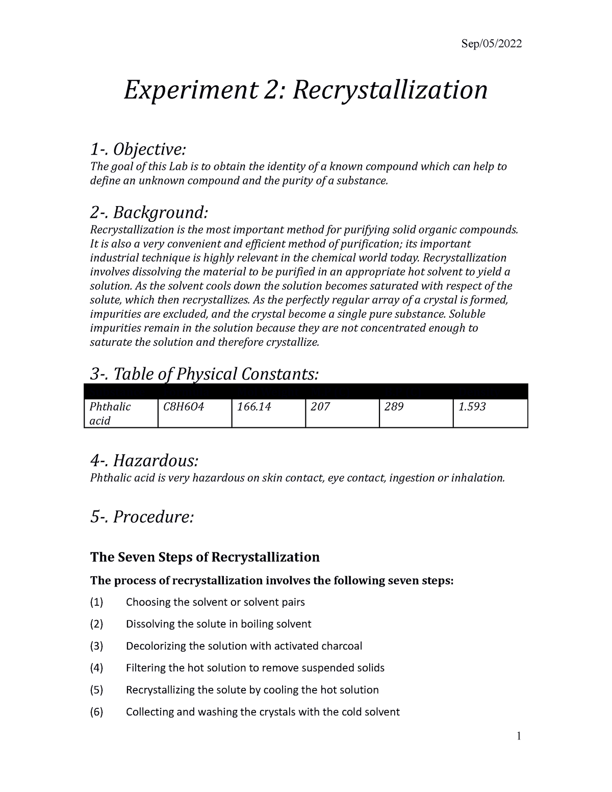 Expt 2 - Recrytallization - Experiment 2: Recrystallization 1 ...