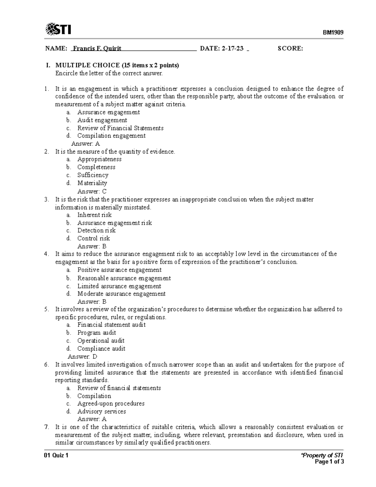 01 Quiz 1 Auditing-1 2 - Auditing - NAME: Francis F. Quirit DATE: 2-17 ...