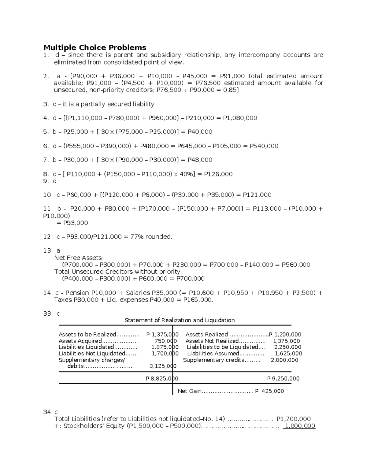 Multiple Choice Problems Corpo Liquidation - Multiple Choice Problems 1 ...