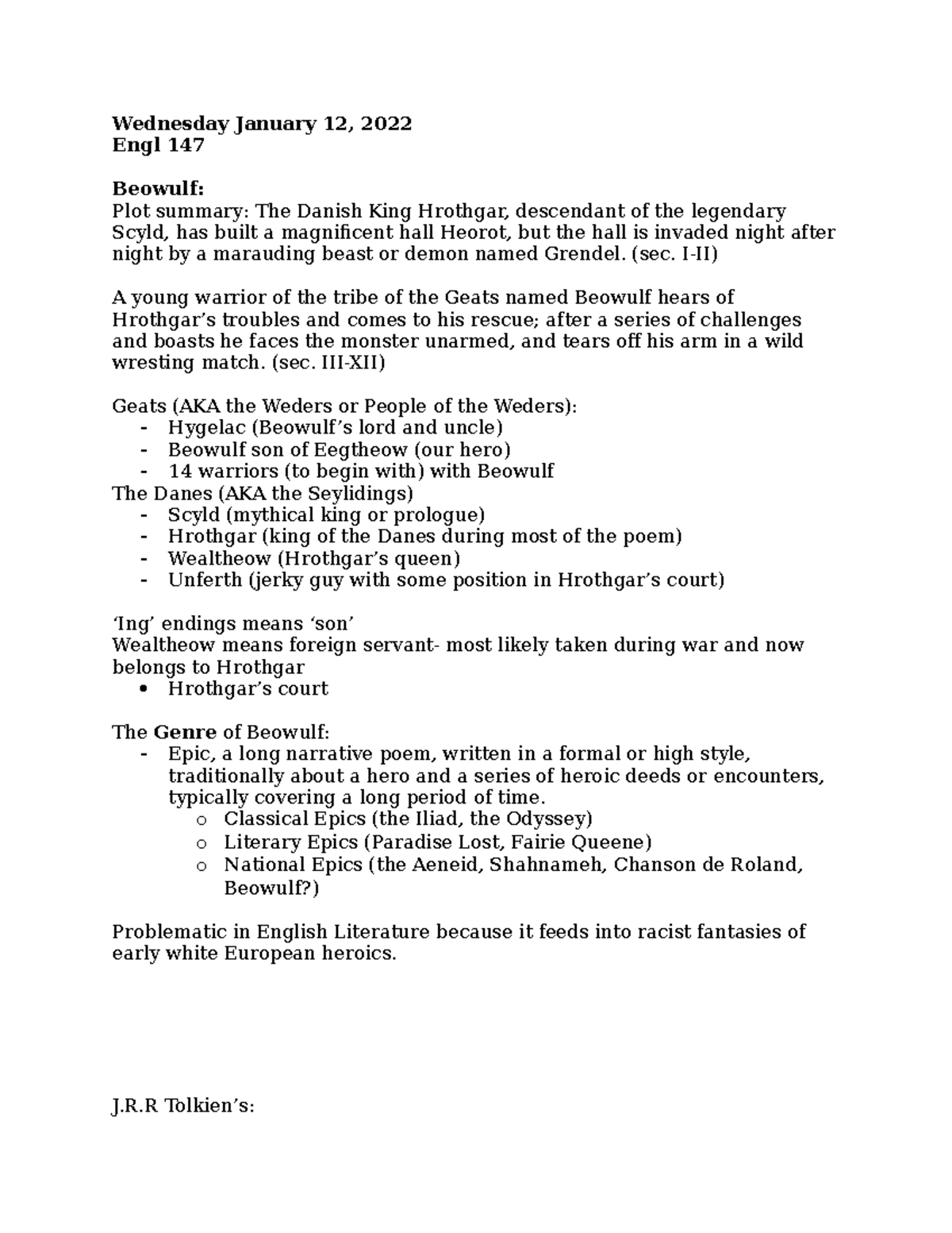 Engl 147 Notes - Wednesday January 12, 2022 Engl 147 Beowulf: Plot ...