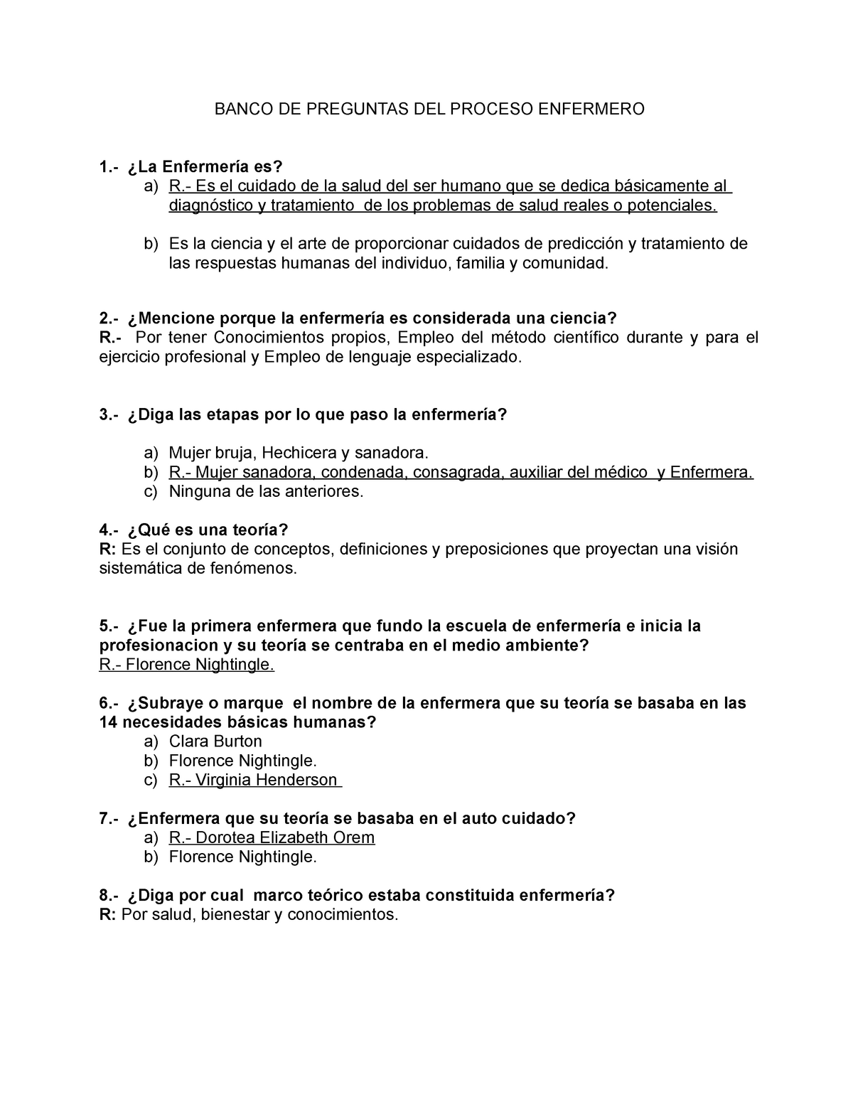 Examen Octubre Preguntas Y Respuestas BANCO DE PREGUNTAS DEL PROCESO ENFERMERO La