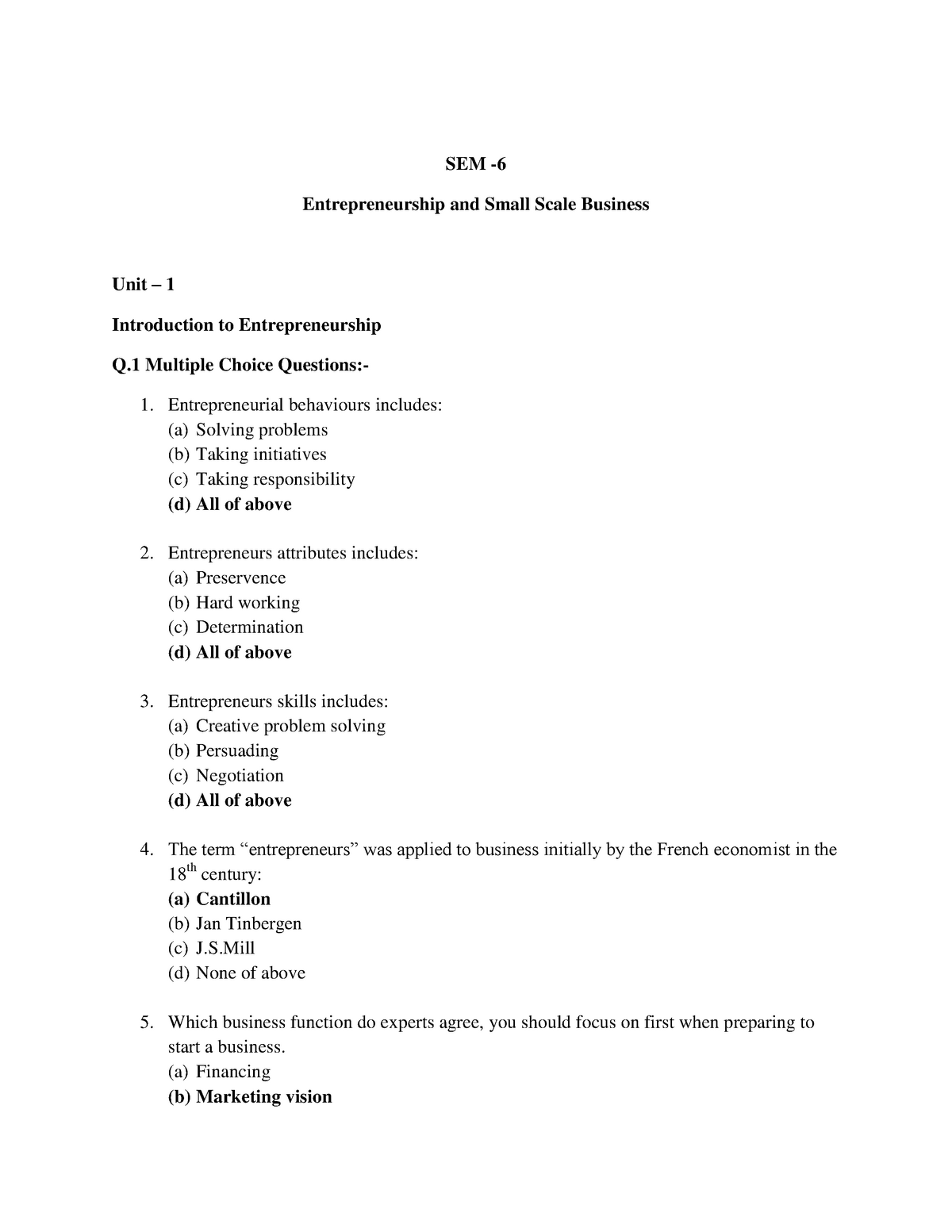 Entrepreneurship Mcq 1 B A Hons Business Economics e19 Studocu