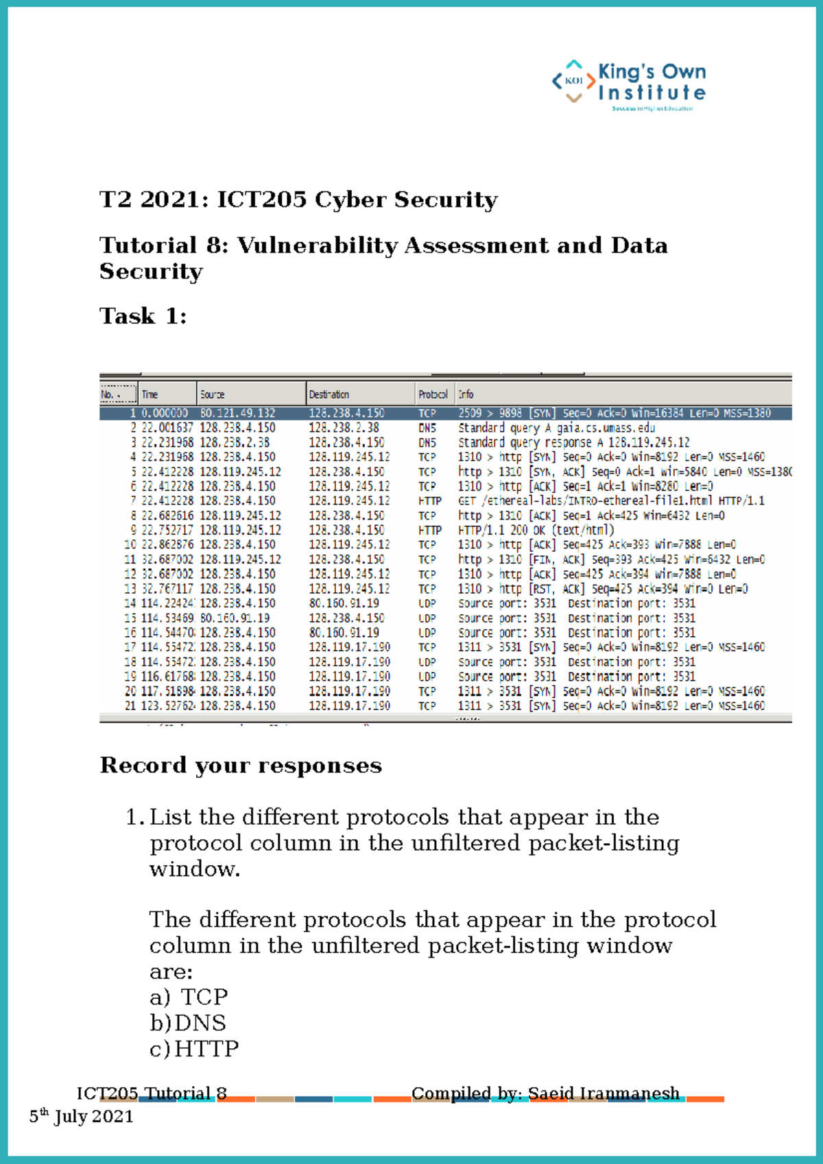 Week 8 cyber security - T2 2021: ICT205 Cyber Security Tutorial 8 ...