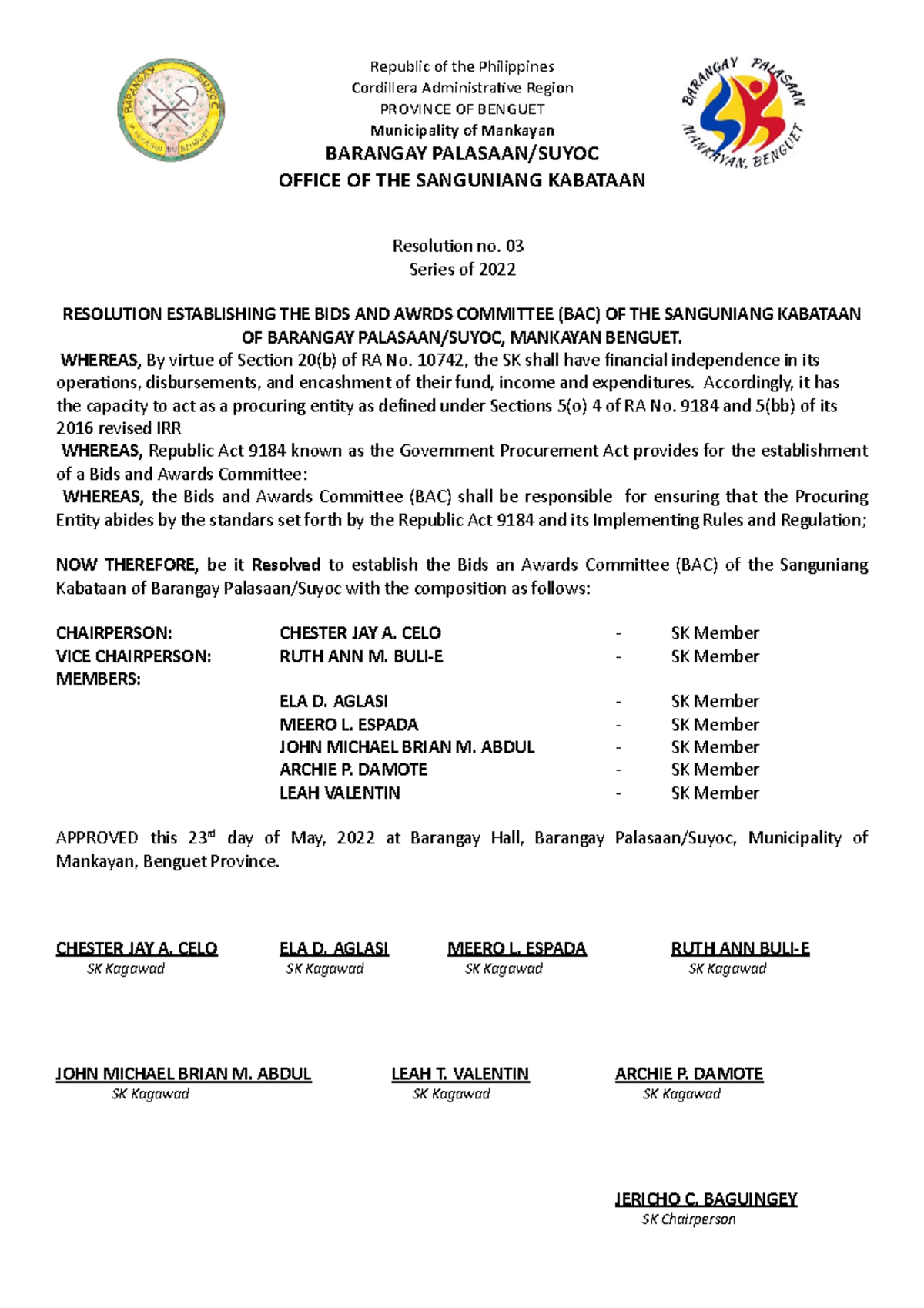 SK Resolution BAC Establisment Republic Of The Philippines Cordillera 