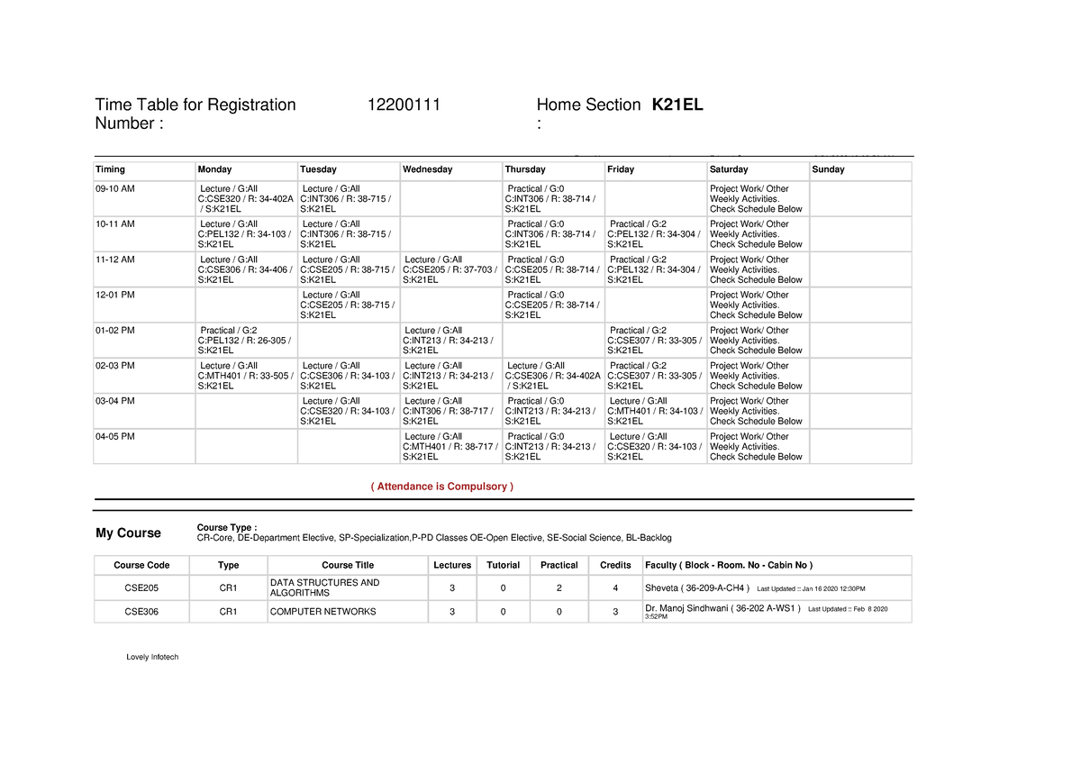 Rpt Time Table Student - Timing Monday Tuesday Wednesday Thursday ...