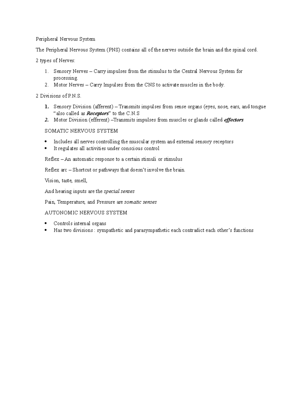 Peripheral Nervous System Anatomy notes - Peripheral Nervous System The ...