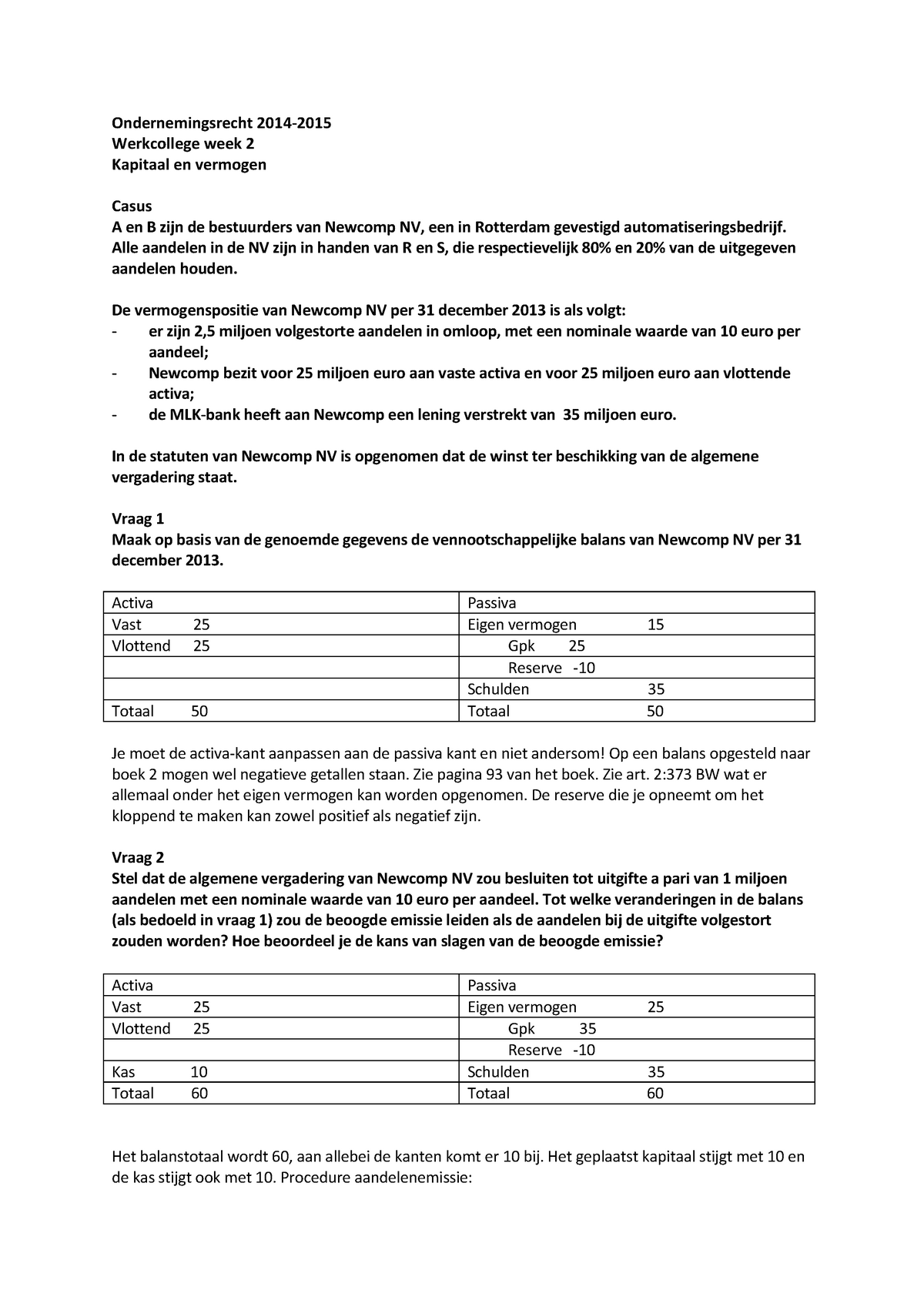 Werkgroep Uitwerkingen Ondernemingsrecht Werkcollege Week 2: Kapitaal ...