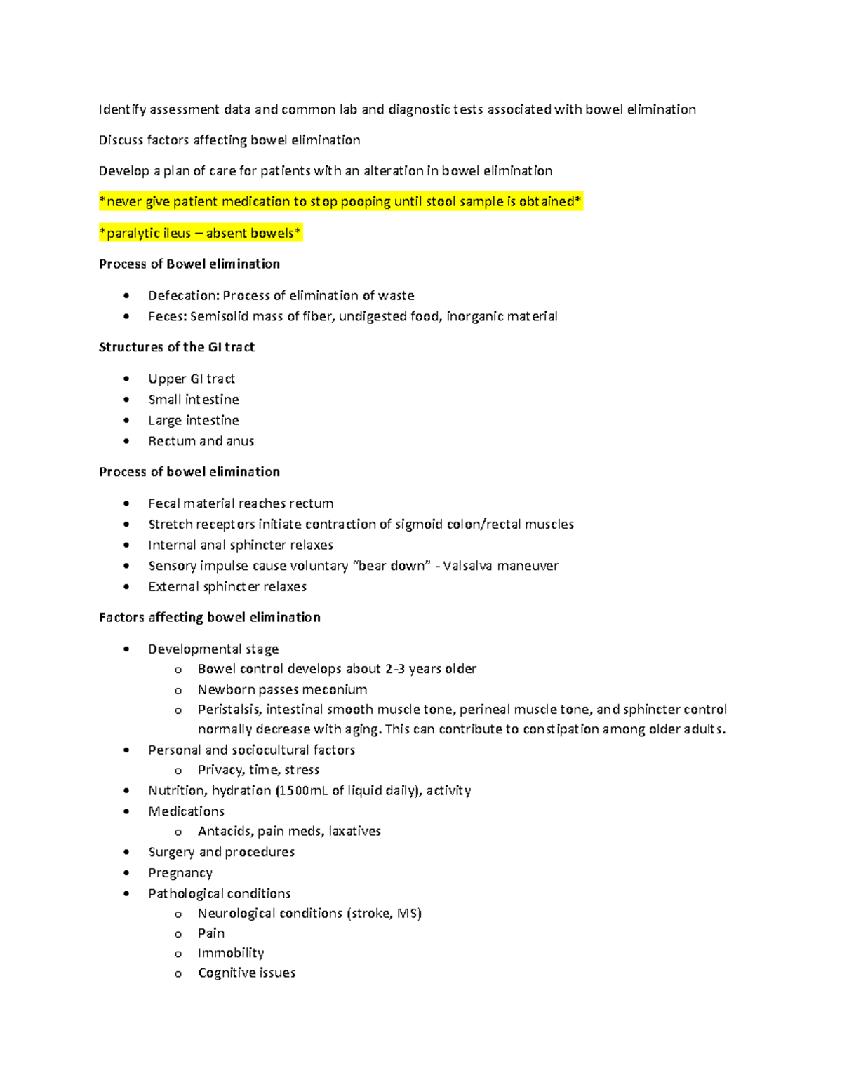 Bowel elimination exam 4 Identify assessment data and common lab