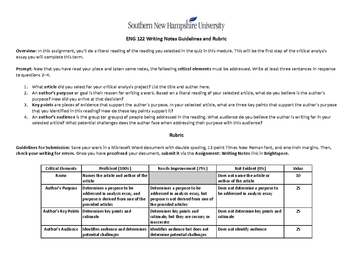 ENG 122 Writing Notes Guidelines and Rubric - This will be the first ...