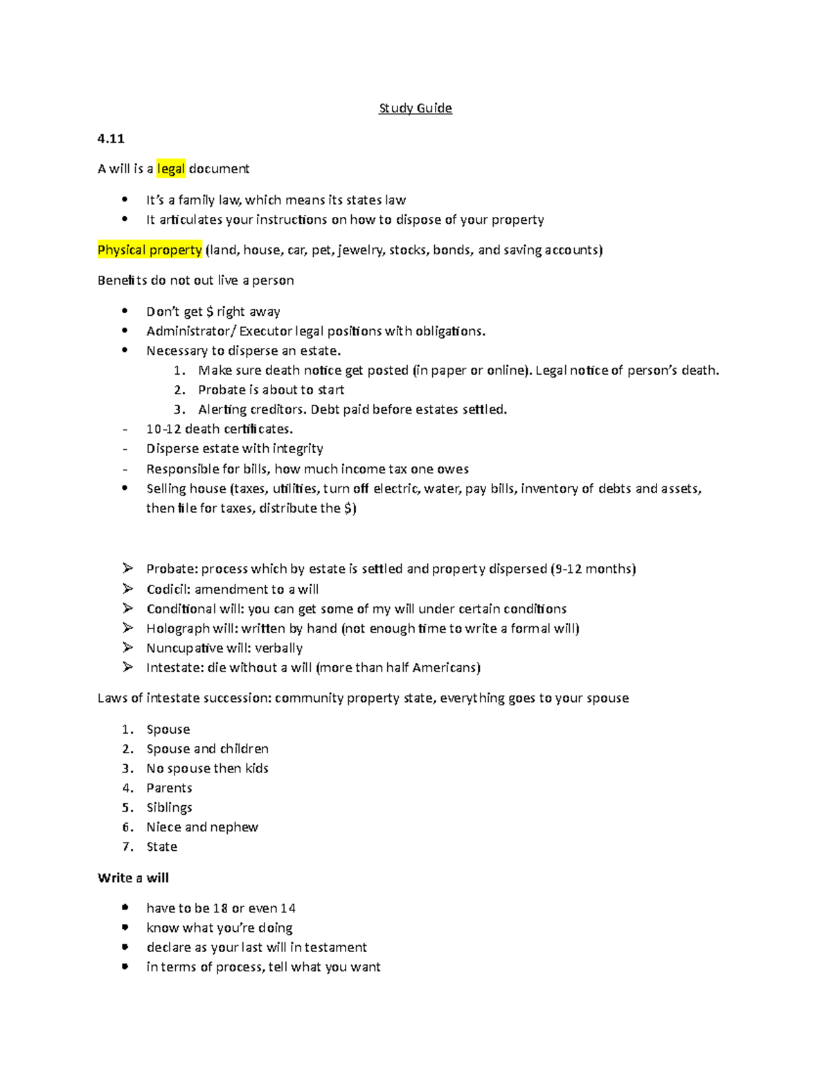 Study Guide death and dying Chapter 4 Study Guide 4 A will is a legal