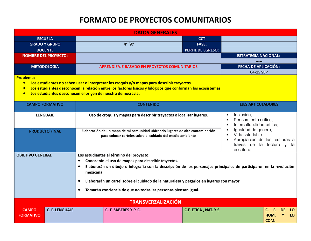 Proyecto Cuarto Grado - FORMATO DE PROYECTOS COMUNITARIOS DATOS ...